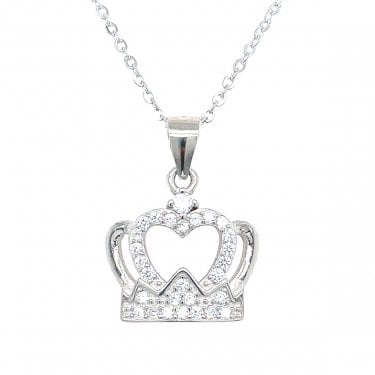 Sterling Silver CZ Heart & Half Plain Top with CZ Bottom Crown Necklace 12x15mm, 16-18"