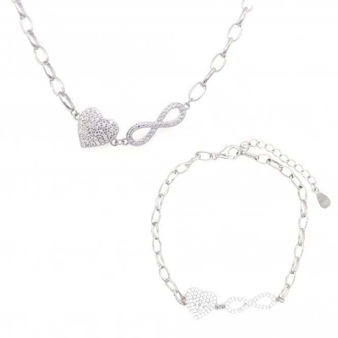 Faith Sterling Silver Sterling Silver CZ Heart & Infinity Belcher Link Necklace & Bracelet Set 1 x 0.9cm, 1.6 x 0.5cm, 16.5cm + 3cm, 16-18