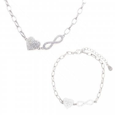 Sterling Silver CZ Heart & Infinity Belcher Link Necklace & Bracelet Set 1 x 0.9cm, 1.6 x 0.5cm, 16.5cm + 3cm, 16-18"