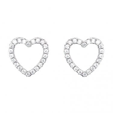 Sterling Silver CZ Heart Outline Stud Earrings 10x11mm