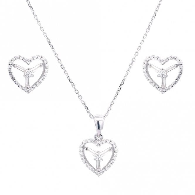 Faith Sterling Silver Sterling Silver CZ Heart Outline with 3 Prong Centre Necklace & Earrings Set 11x12mm, 16-18