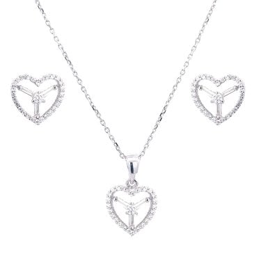 Sterling Silver CZ Heart Outline with 3 Prong Centre Necklace & Earrings Set 11x12mm, 16-18"