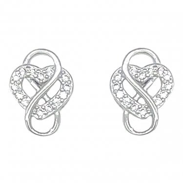 Sterling Silver CZ Heart & Plain Infinity Stud Earrings 9x7mm