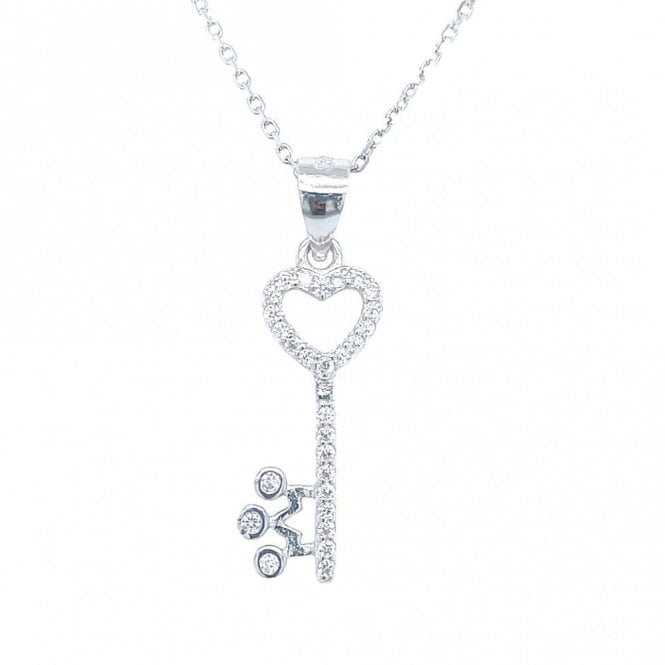 Faith Sterling Silver Sterling Silver CZ Heart Top Key with Crown Bottom Necklace 19x10mm, 16-18