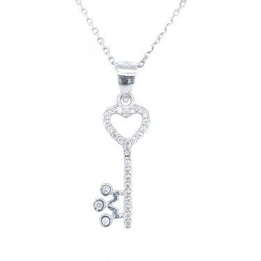 Sterling Silver CZ Heart Top Key with Crown Bottom Necklace 19x10mm, 16-18"