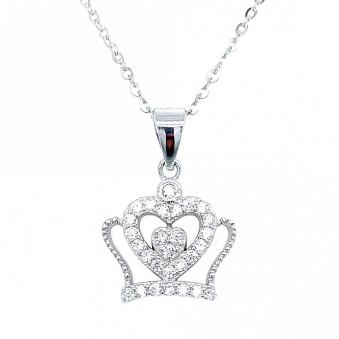 Faith Sterling Silver Sterling Silver CZ Heart Top with Beaded Edge Crown Necklace 12x14mm, 16-18