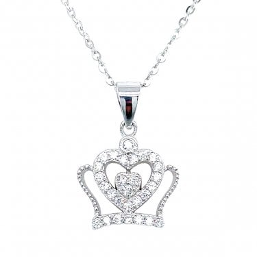 Sterling Silver CZ Heart Top with Beaded Edge Crown Necklace 12x14mm, 16-18"