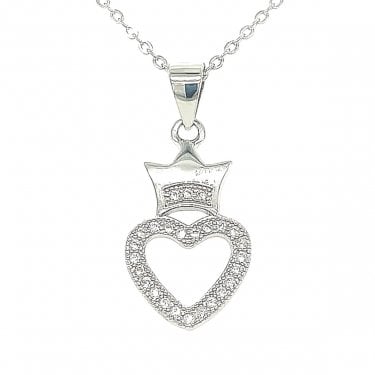 Sterling Silver CZ Heart with Crown Necklace 12x16mm, 16-18" 