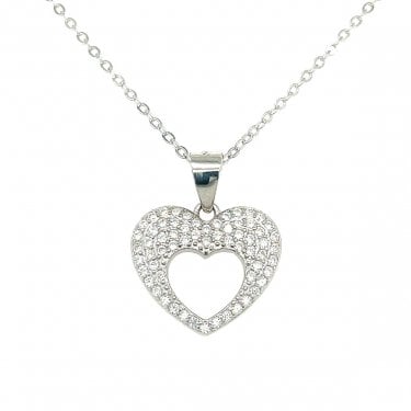 Sterling Silver CZ Heart with Heart Cut Out Necklace 15x12mm, 16-18"