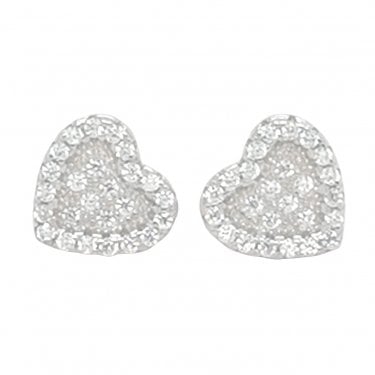 Sterling Silver CZ Heart with Raised CZ Halo 7x9mm Stud Earrings