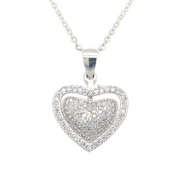 Sterling Silver CZ Heart Within Heart Necklace 15x15mm, 16-18"