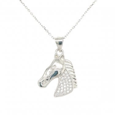 Sterling Silver CZ Horse Head Necklace 16x15mm, 16-18" 