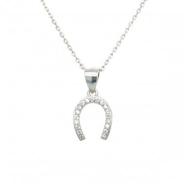 Sterling Silver CZ Horseshoe Necklace 12x9mm, 16-18"