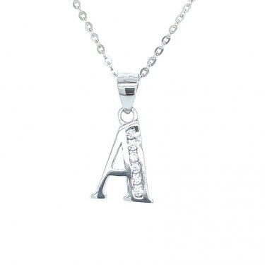 Sterling Silver CZ Initial A Necklace 12x9mm, 16-18"