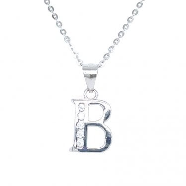 Sterling Silver CZ Initial B Necklace 11x9mm, 16-18"