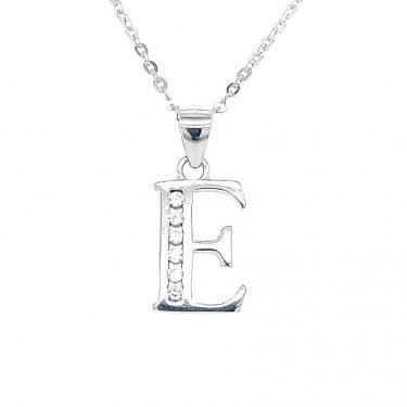 Sterling Silver CZ Initial E Necklace 12x9mm, 16-18"