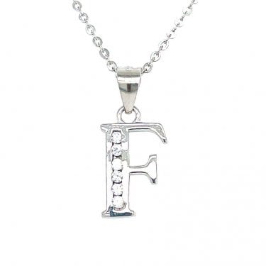 Sterling Silver CZ Initial F Necklace 12x8mm, 16-18"