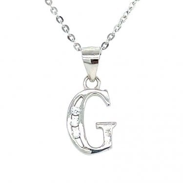 Sterling Silver CZ Initial G Necklace 12x9mm, 16-18"