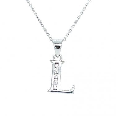 Sterling Silver CZ Initial L Necklace 11x9mm, 16-18"