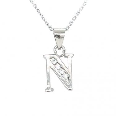 Sterling Silver CZ Initial N Necklace 11x8mm, 16-18"