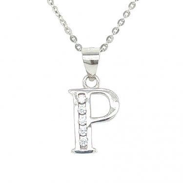 Sterling Silver CZ Initial P Necklace 11x9mm, 16-18"