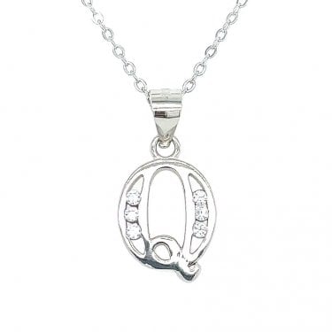 Sterling Silver CZ Initial Q Necklace 12x10mm, 16-18"