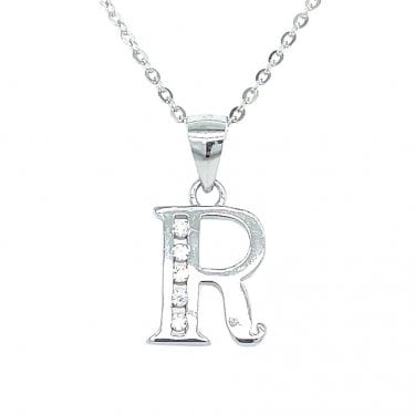 Sterling Silver CZ Initial R Necklace 11x10mm, 16-18"