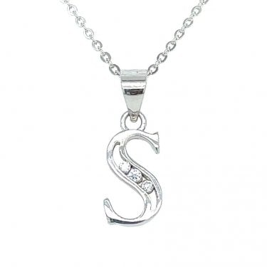 Sterling Silver CZ Initial S Necklace 12x7mm, 16-18"