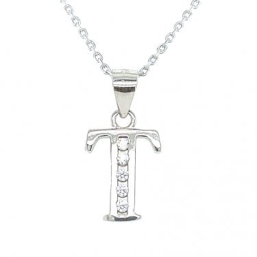 Sterling Silver CZ Initial T Necklace 11x9mm, 16-18"