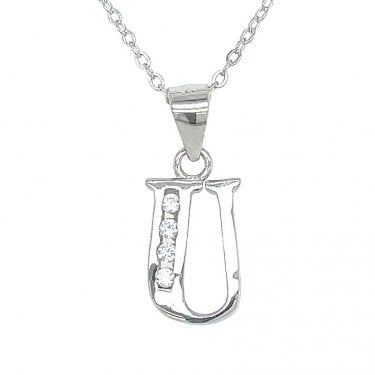 Sterling Silver CZ Initial U Necklace 12x8mm, 16-18"