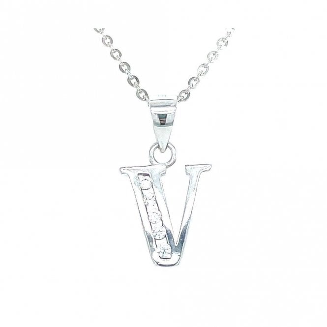 Faith Sterling Silver Sterling Silver CZ Initial V Necklace 11x10mm, 16-18