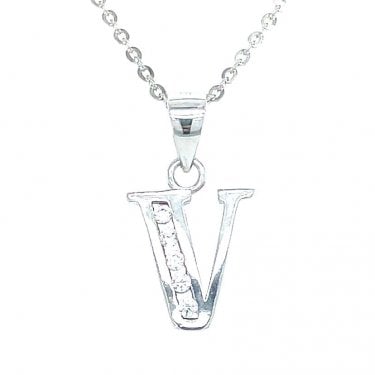 Sterling Silver CZ Initial V Necklace 11x10mm, 16-18"