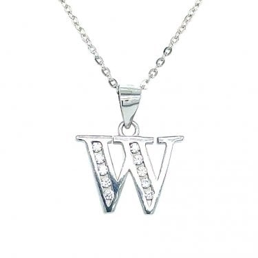 Sterling Silver CZ Initial W Necklace 11x15mm, 16-18"