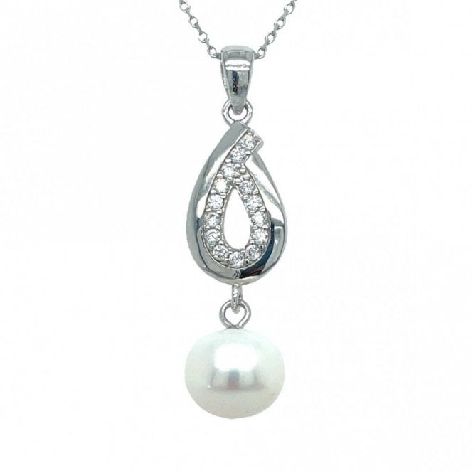 Faith Sterling Silver Sterling Silver CZ Inside Plain Pear Swirl with Large Single Pearl Necklace 28x9mm, 16-18