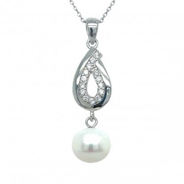 Sterling Silver CZ Inside Plain Pear Swirl with Large Single Pearl Necklace 28x9mm, 16-18"