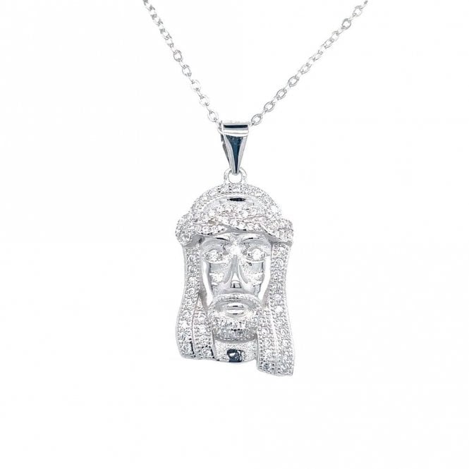 Faith Sterling Silver Sterling Silver CZ Jesus' Head Necklace 22x13mm, 16-18