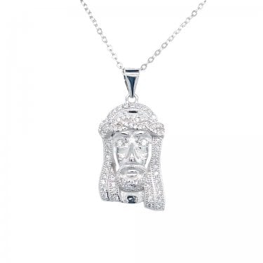Sterling Silver CZ Jesus' Head Necklace 22x13mm, 16-18"