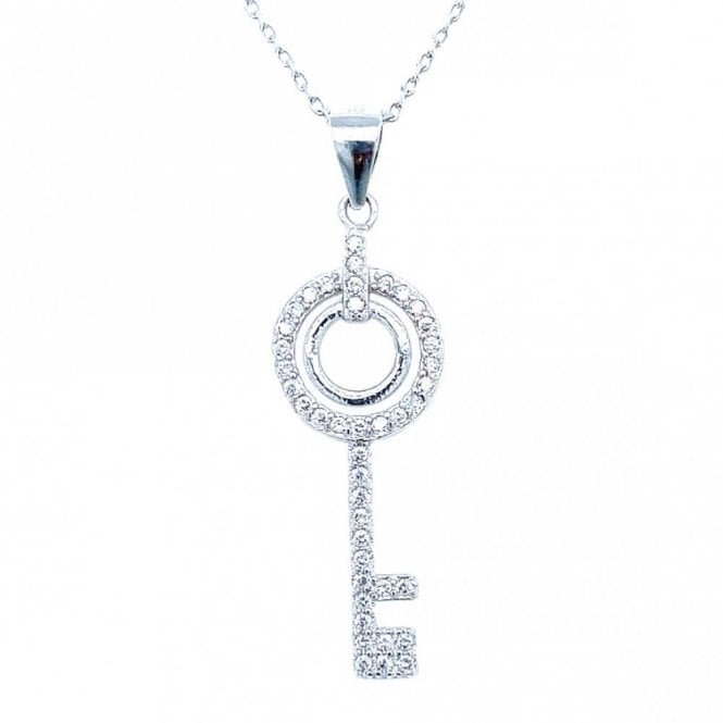 Faith Sterling Silver Sterling Silver CZ Key with Rubover Pave Circle Centre Necklace 28x10mm, 16-18