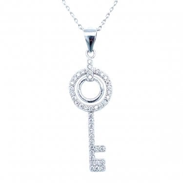 Sterling Silver CZ Key with Rubover Pave Circle Centre Necklace 28x10mm, 16-18"