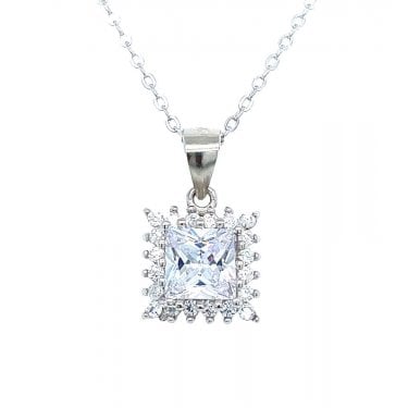 Sterling Silver CZ Large Claw Edge Square Halo Necklace 9x9mm, 16-18"