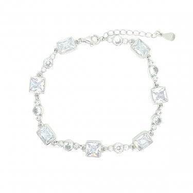 Sterling Silver CZ Large & Small Round CZ Link Extendable Bracelet 16.5cm + 4cm
