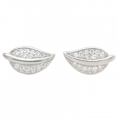 Sterling Silver CZ Leaf with Plain Edge & Stem 6x12mm Stud Earrings