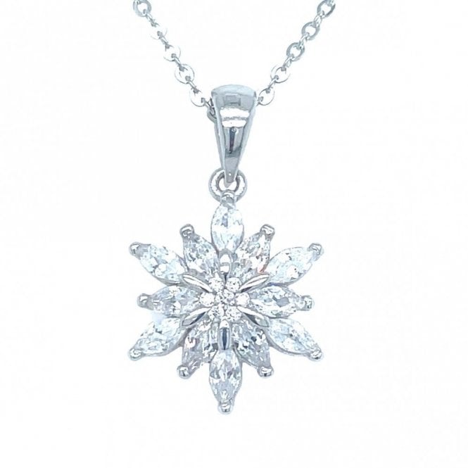 Faith Sterling Silver Sterling Silver CZ Marquise Claw Set Multi-Petal Flower Necklace 14x13mm, 16-18