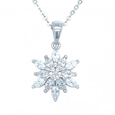 Sterling Silver CZ Marquise Claw Set Multi-Petal Flower Necklace 14x13mm, 16-18"