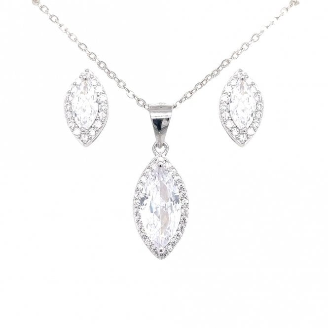 Faith Sterling Silver Sterling Silver CZ Marquise Halo Necklace & Earrings Set 0.8 x 1.2cm, 0.9 x 1.6cm, 16-18