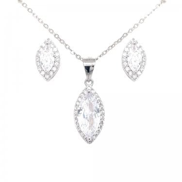 Sterling Silver CZ Marquise Halo Necklace & Earrings Set 0.8 x 1.2cm, 0.9 x 1.6cm, 16-18"