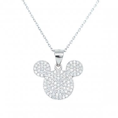 Sterling Silver CZ Mickey Mouse Necklace 14x18mm, 16-18"