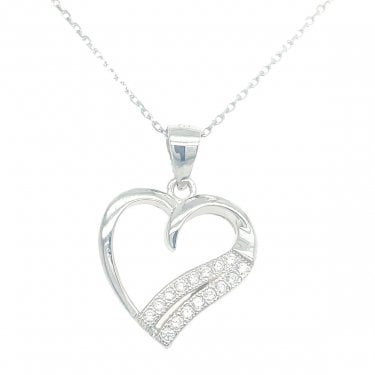 Sterling Silver CZ Offset Heart with Double CZ Point Necklace 14x15mm, 16-18"