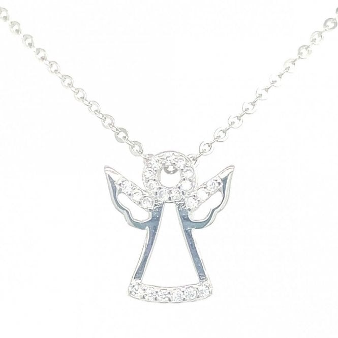 Faith Sterling Silver Sterling Silver CZ Open Angel Necklace 13x11mm, 16-18