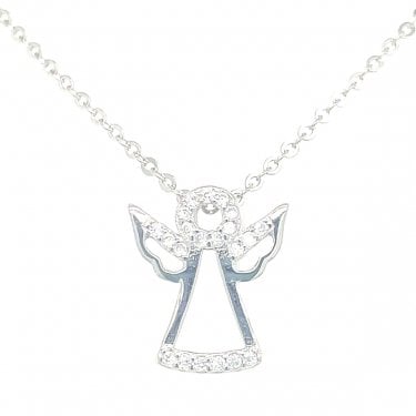 Sterling Silver CZ Open Angel Necklace 13x11mm, 16-18"
